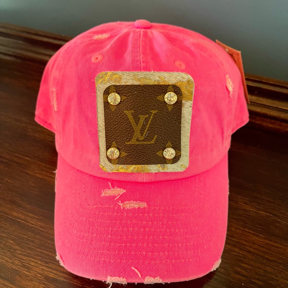 Neon Pink Distressed Hat with Luxury Brand Patch